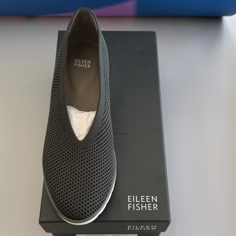 Eileen Fisher Heaven Stretch Wedge Slip-on Graphite Weaved Mesh Flats - Picture 4 of 5